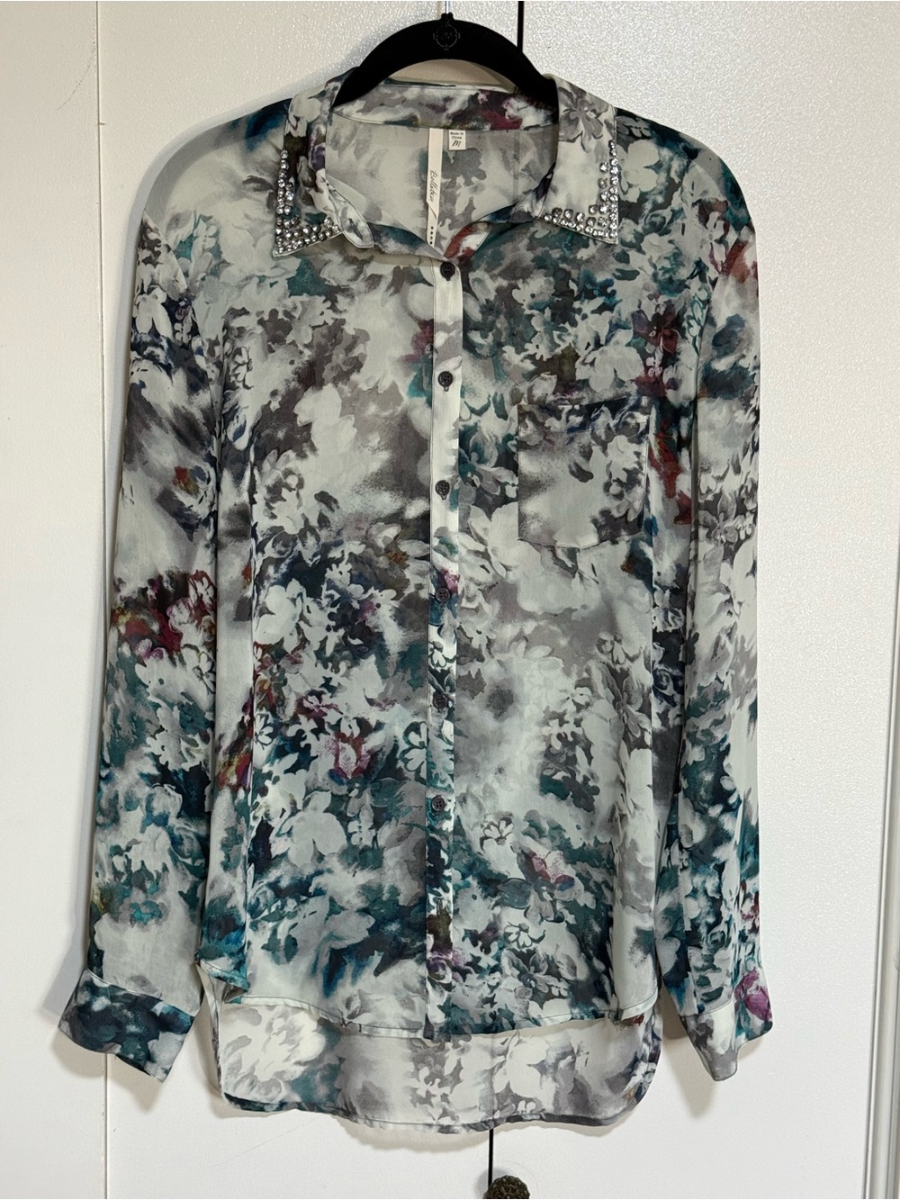 Bellatrix Floral Blouse Sheer Embellished Collar Button Down Medium - Picture 2 of 16